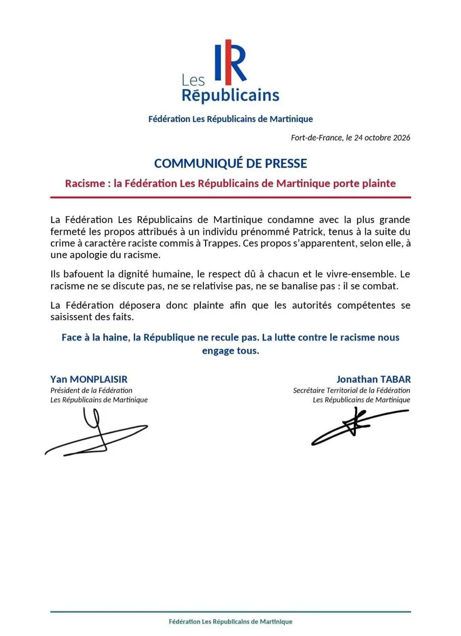 La Fédération Les Républicains de Martinique condamne fermement les propos à caractère raciste