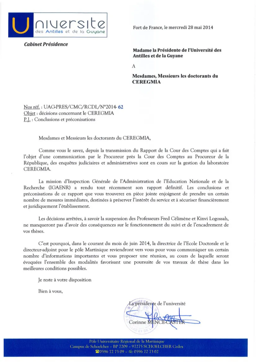 Réponse de Mme la Présidente de l'UAG aux propos des doctorants