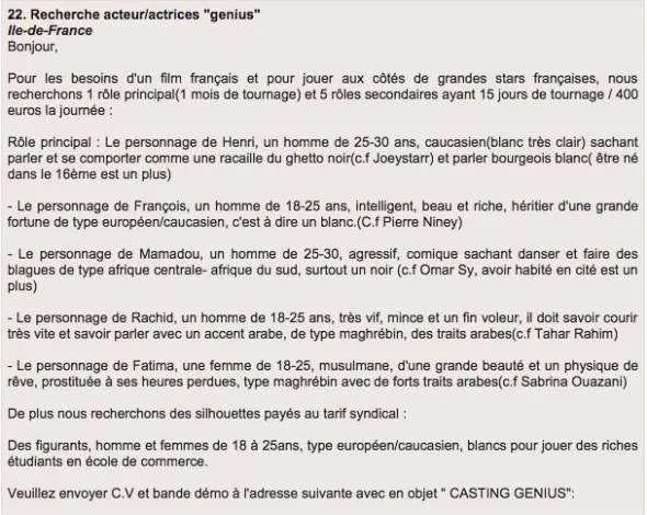 "Recherche pour le rôle de Mamadou un homme de 25-30, agressif, comique, sachant danser et faire des blagues..."