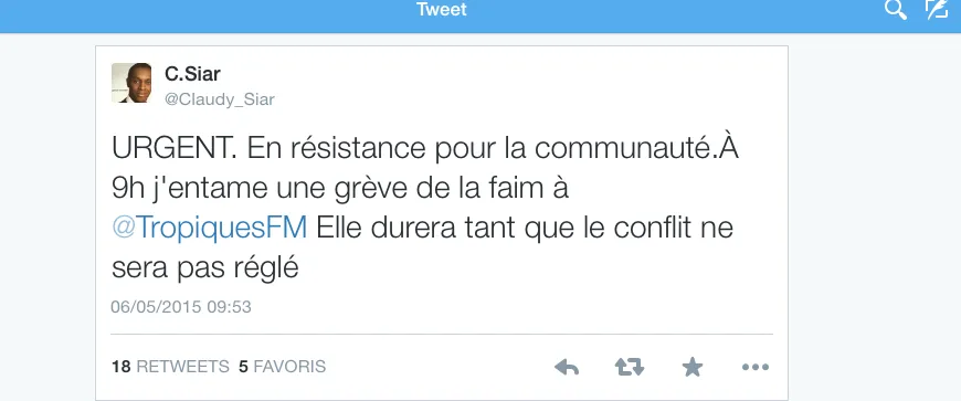 9:00, ce jour, Claudy #Siar entame une grève de la faim dans les locaux de #TropiquesFM