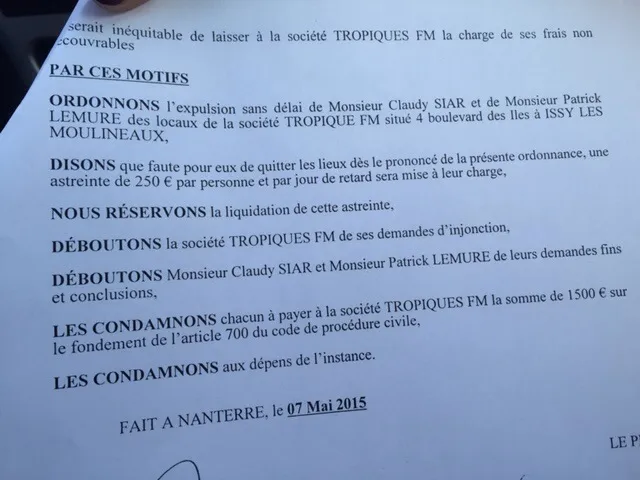 Tropiques fm ...la justice met un milieu dans ça
