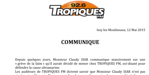 Communiqué de la radio Tropiques FM - 12 mai 2015