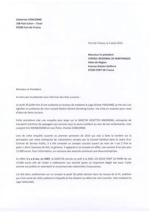 La lettre de démission officielle de Catherine Conconne
