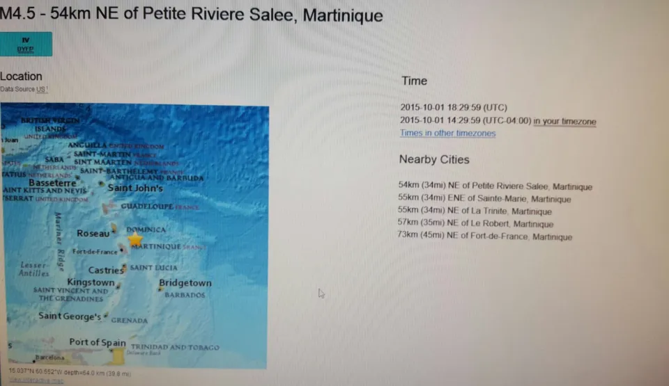 Communiqué sur le séisme ressenti du 1er octobre 2015 en Martinique