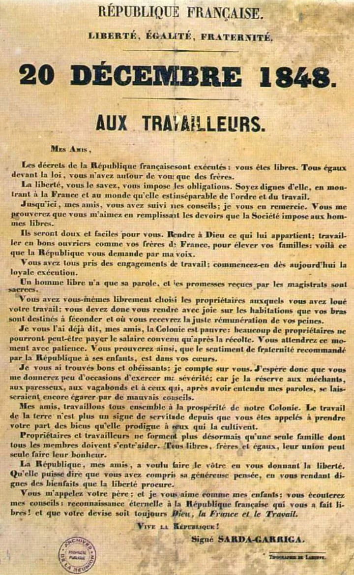 20 décembre 1848...Les futurs ex esclaves écoutent religieusement ce texte odieux de Sarda Garriga