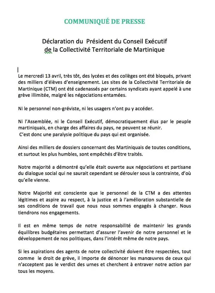 Grève à la CTM :  déclaration du  Président du Conseil Exécutif de la Collectivité Territoriale de Martinique