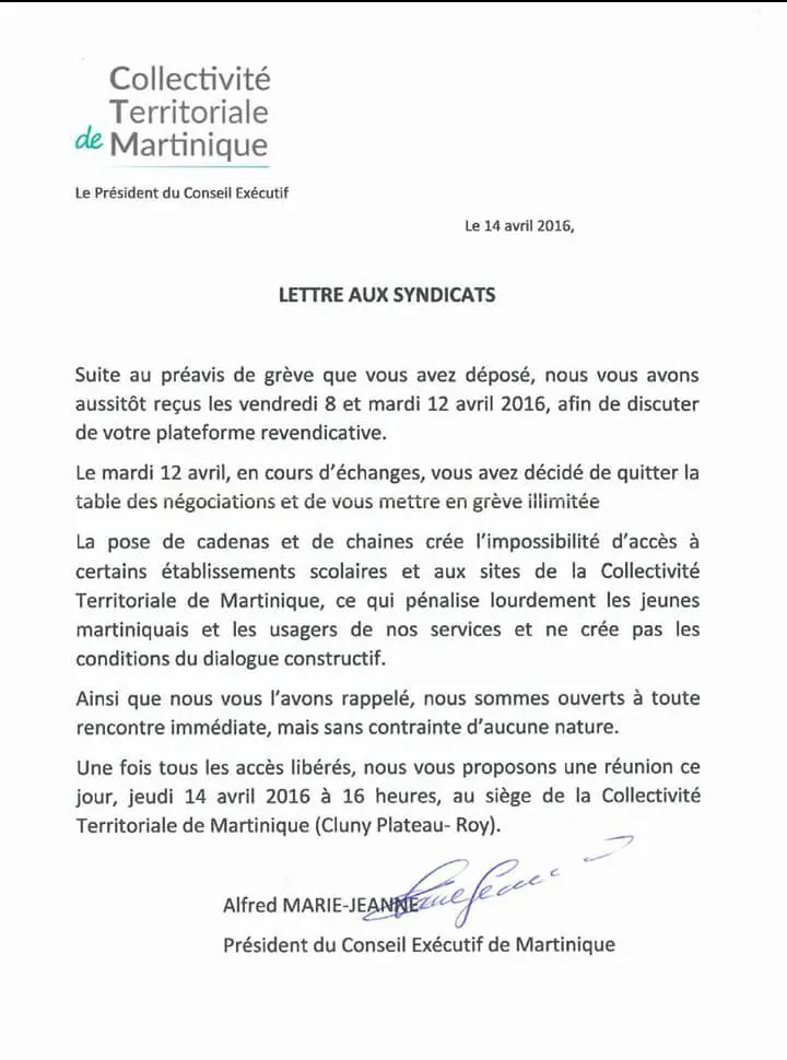 Grève à la Collectivité Territoriale de Martinique : Alfred Marie Jeanne reçoit les syndicats au deuxième jour du conflit