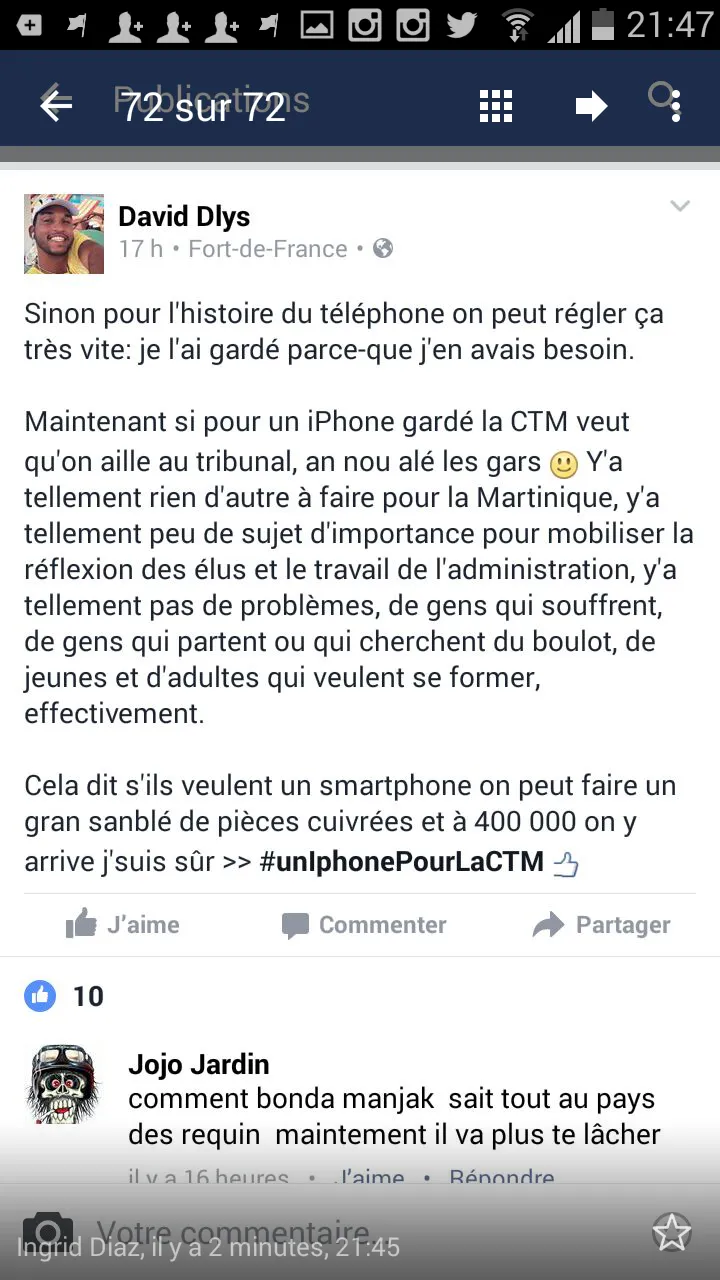 "Sinon pour l'histoire du téléphone on peut régler ça très vite: je l'ai gardé parce-que j'en avais besoin"