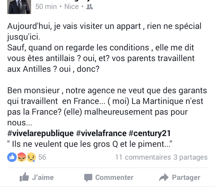 Century 21 : "Ben monsieur, notre agence ne veut que des garants qui travaillent  en France...malheureusement pour nous la Martinique ce n'est pas la France"