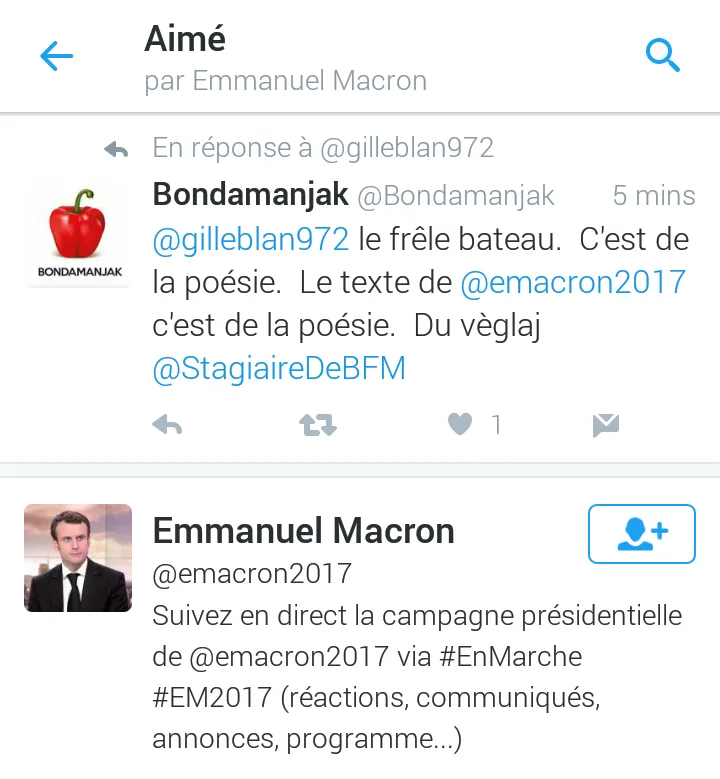Emmanuel Macron like un tweet de Bondamanjak