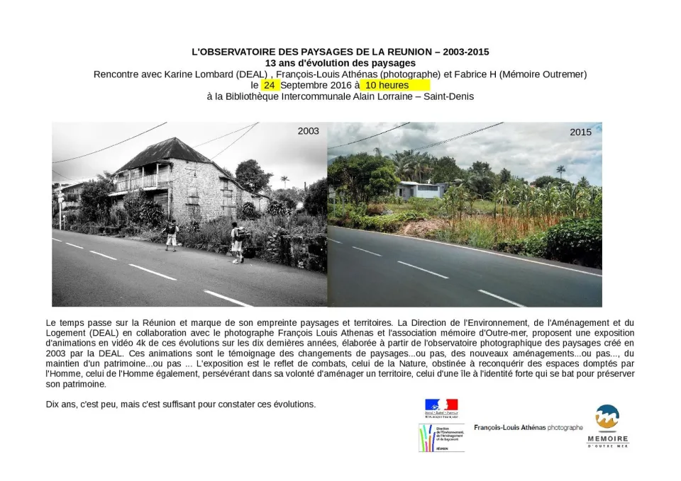 Bibliothèque intercommunale Alain Lorraine : L'observatoire des paysages de La Réunion – 2003-2015 - Journées Européennes du Patrimoine à la Réunion