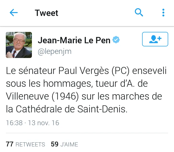 Le clin d'oeil de Jean-Marie Le Pen à Paul Vergès