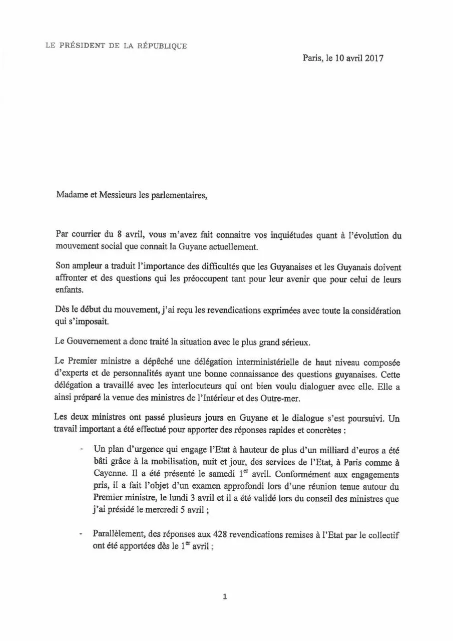 La Lettre de François Hollande aux parlementaires de Guyane