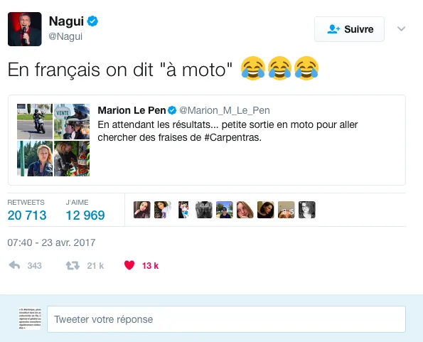 Marion Le pen a fait une chute "en moto" ? Non en français