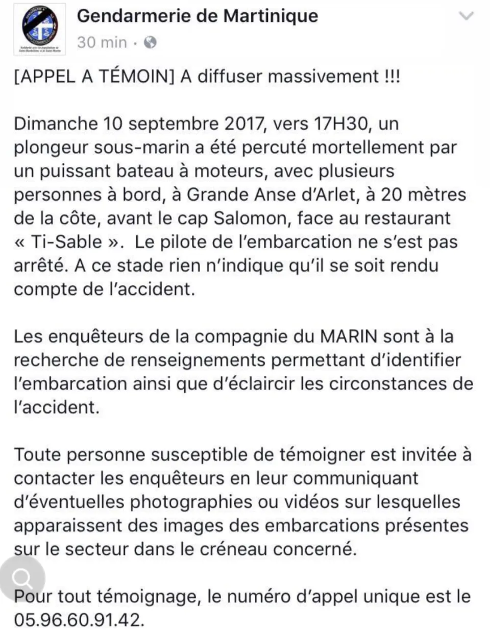 Mort d'un plongeur en Martinique : la gendarmerie lance un appel à témoin
