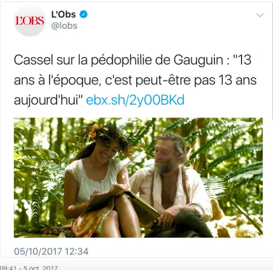 Doit-on évoquer avec doigté le cas Cassel quand il défend Gauguin le pédophile ?