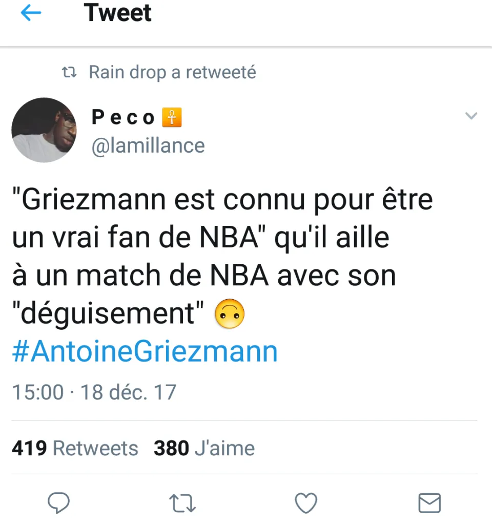 Le tweet du jour 18/12/17 - Griezmann - NBA - BLACK FACE