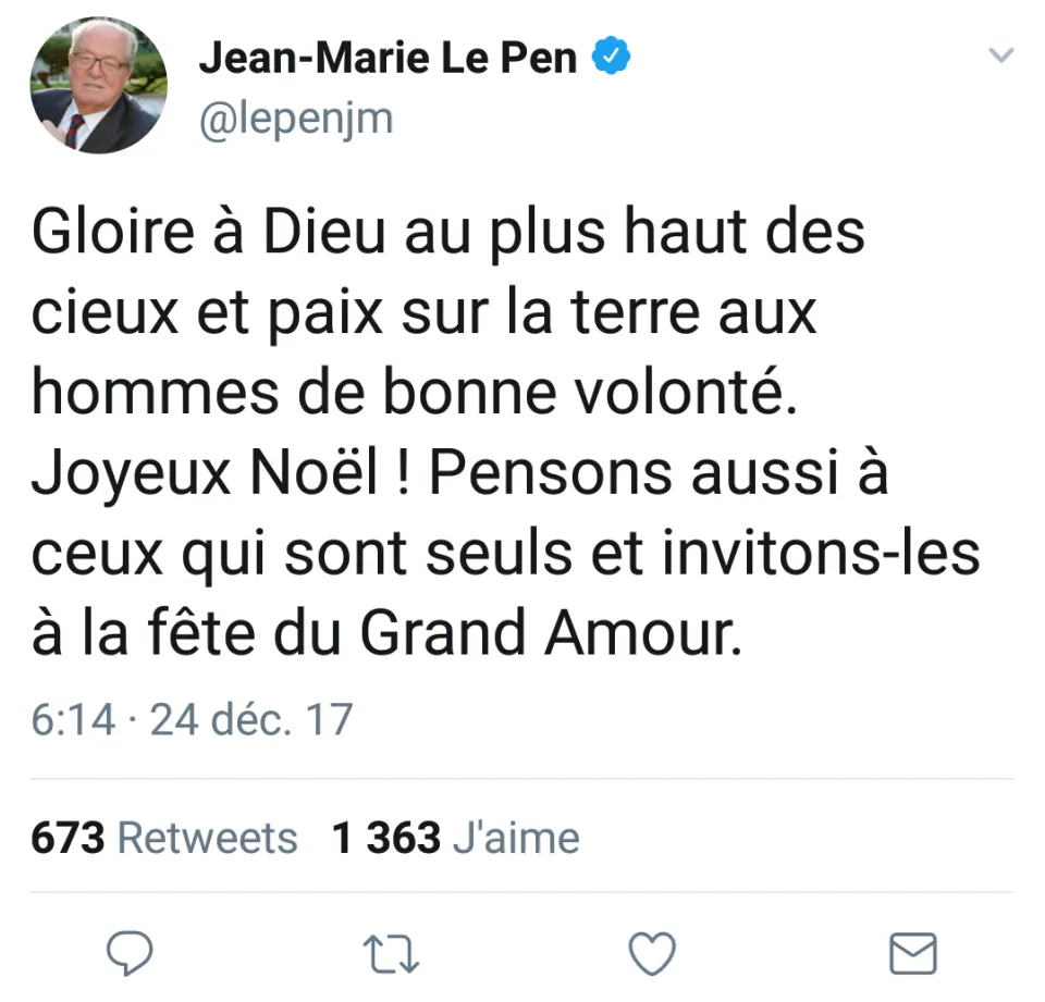 Le tweet du jour 24/12/17 Joyeux Noël- Jean-Marie Le Pen