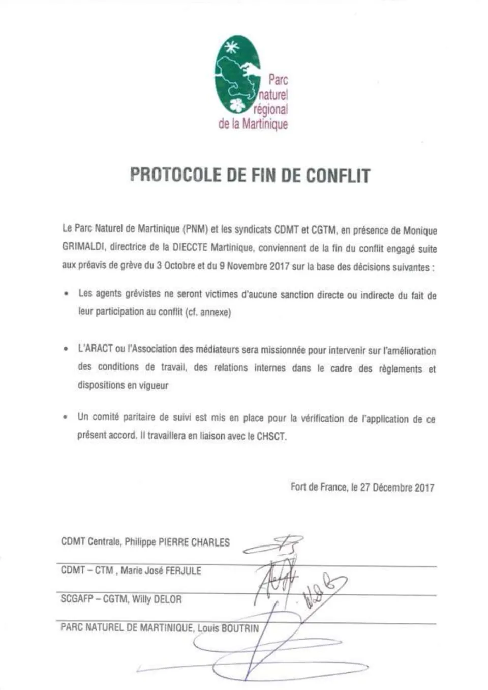 Fin de la grève au Parc Naturel de Martinique (PNM)