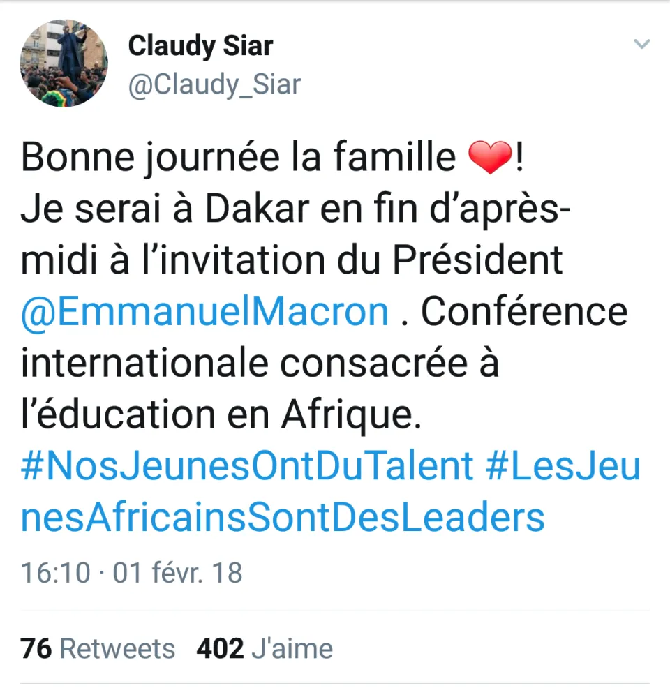Le tweet du jour 03/02/18 - Claudy Siar -Dakar- Emmanuel Macron-Sénégal- Afrique