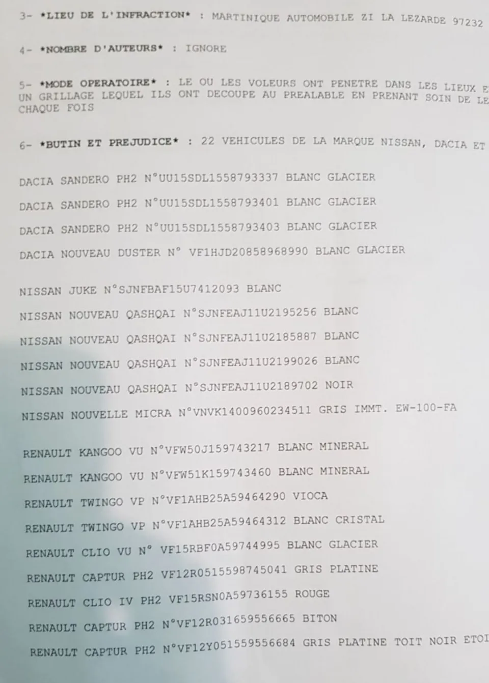 22 véhicules dérobés chez Martinique Automobiles