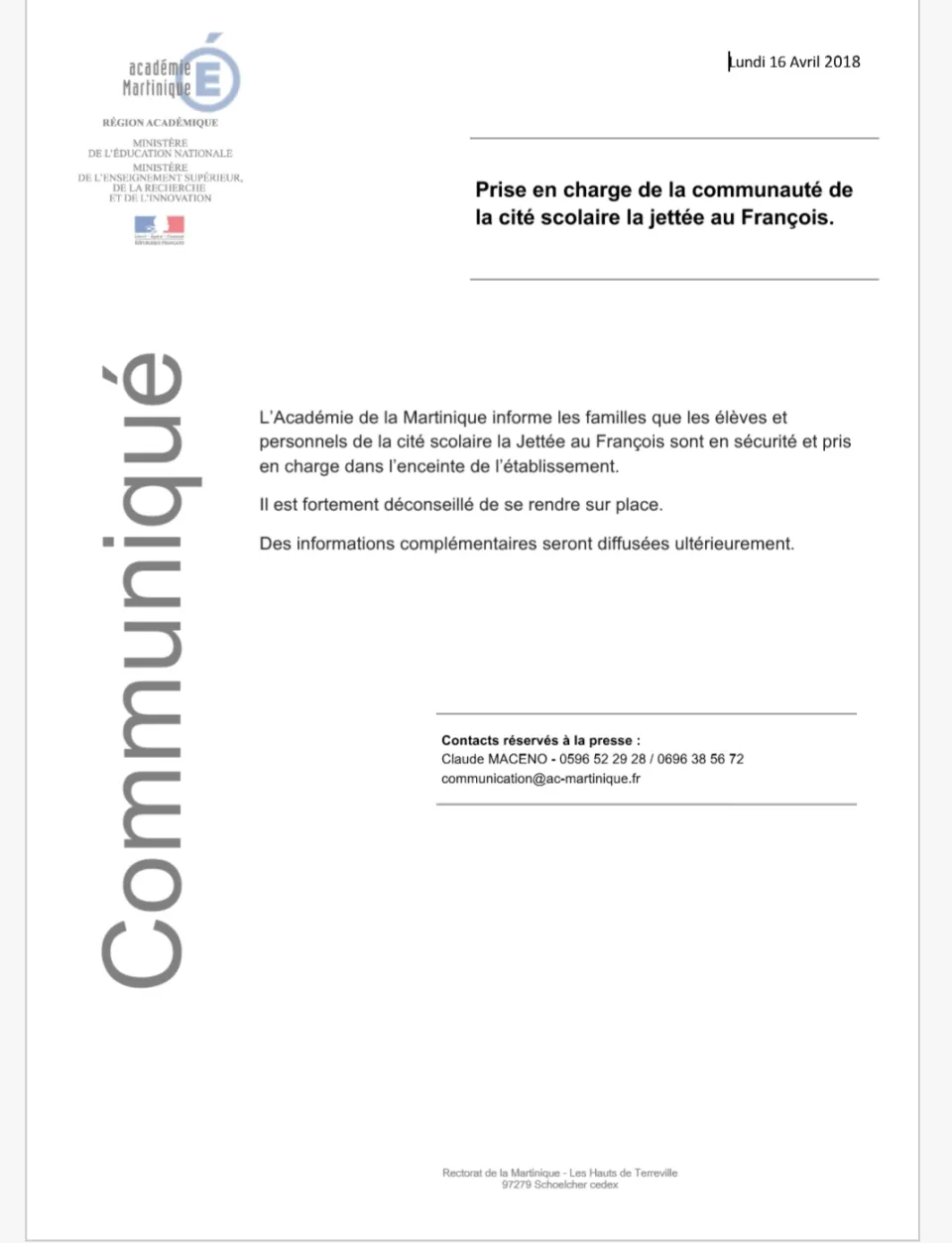 Intempéries en Martinique : Prise en charge de la communauté de la cité scolaire la jettée au François.
