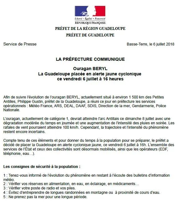 Béryl, la préfecture de la Guadeloupe communique