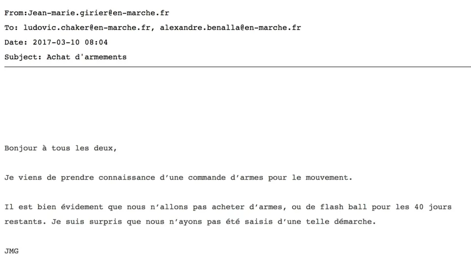 Quand Benalla voulait commander des armes pour En marche (copie de l'email)