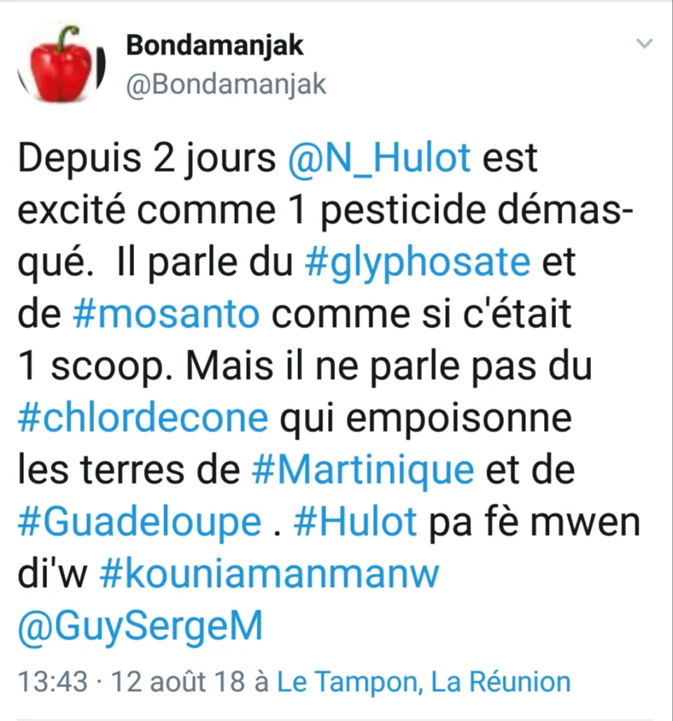 Le tweet du jour 12/08/18 - Nicolas Hulot - Glyphosate - Chlordécone