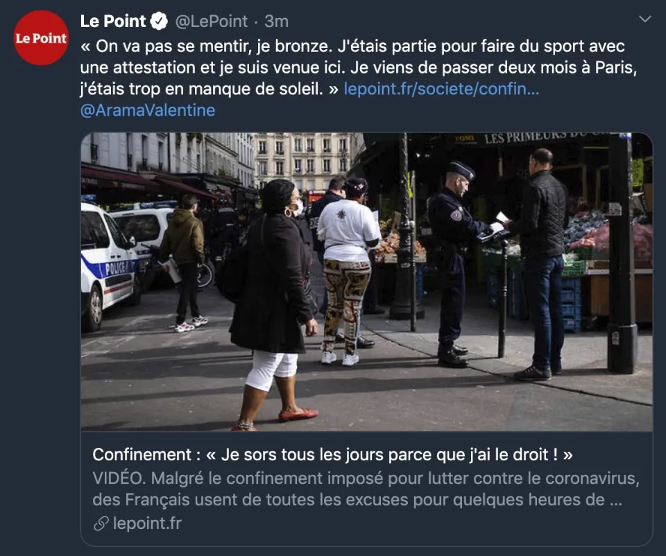 Quand "Le Point" cherche ceux qui ne respectent pas le confinement, y'a que des Noirs en photos... Sans doute un hasard.