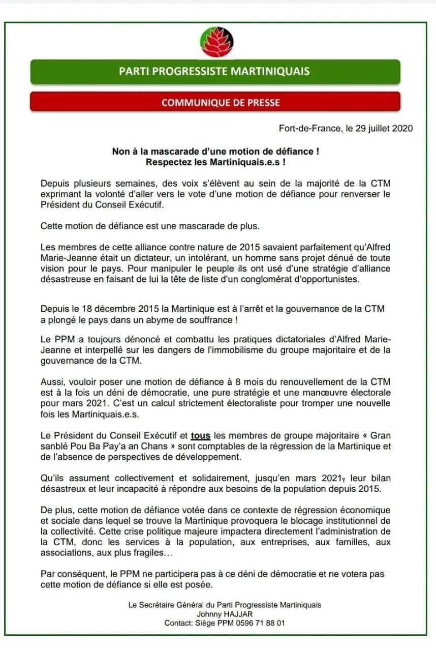 Motion de défiance à la CTM : le PPM refuse de déboulonner Alfred Marie-Jeanne. Nilor va être furieux.