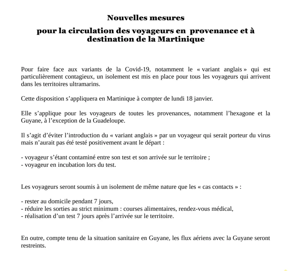 Covid-19 : nouvelles mesures pour la circulation des voyageurs en provenance et à destination de la Martinique
