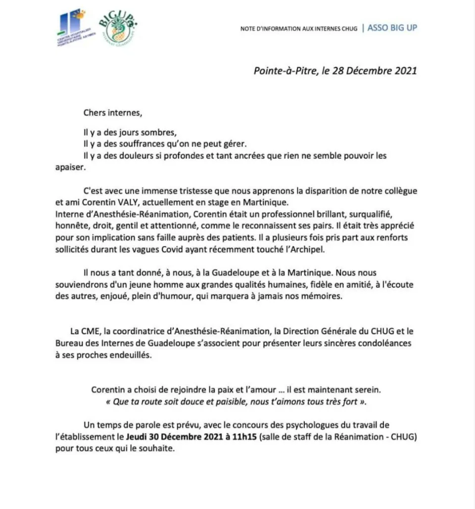 Suicide d'un interne en Martinique...sans commentaire mais comment taire ?