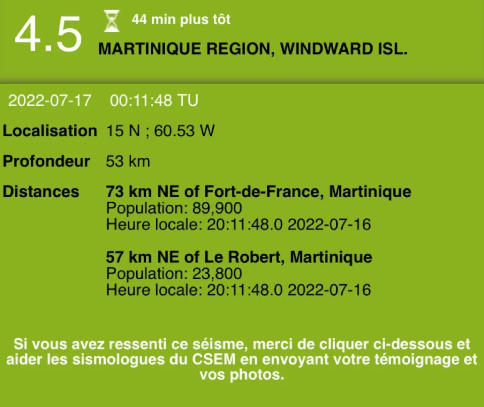 La terre a tremblé en Martinique - 4.5