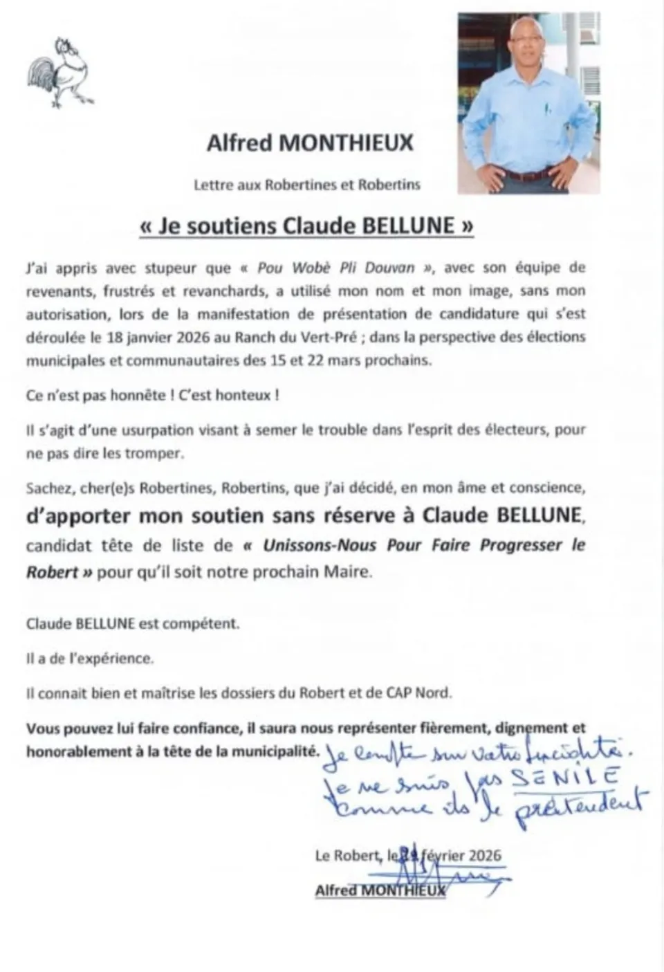 Municipales 2026 au Robert en Martinique : Alfred Monthieux apporte son soutien sans réserve à Claude Bellune