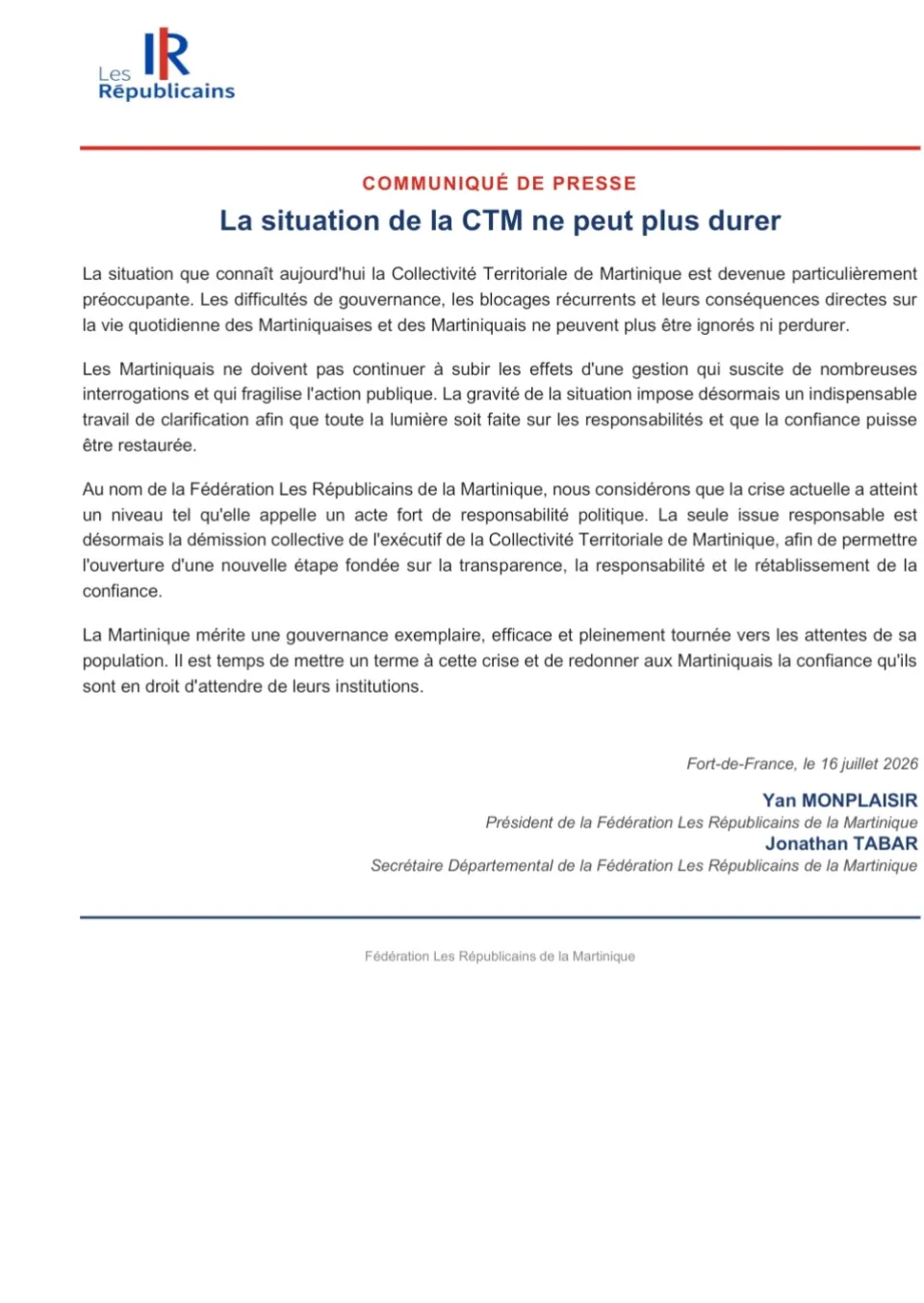 "La situation de la Collectivité Territoriale de Martinique ne peut plus durer"