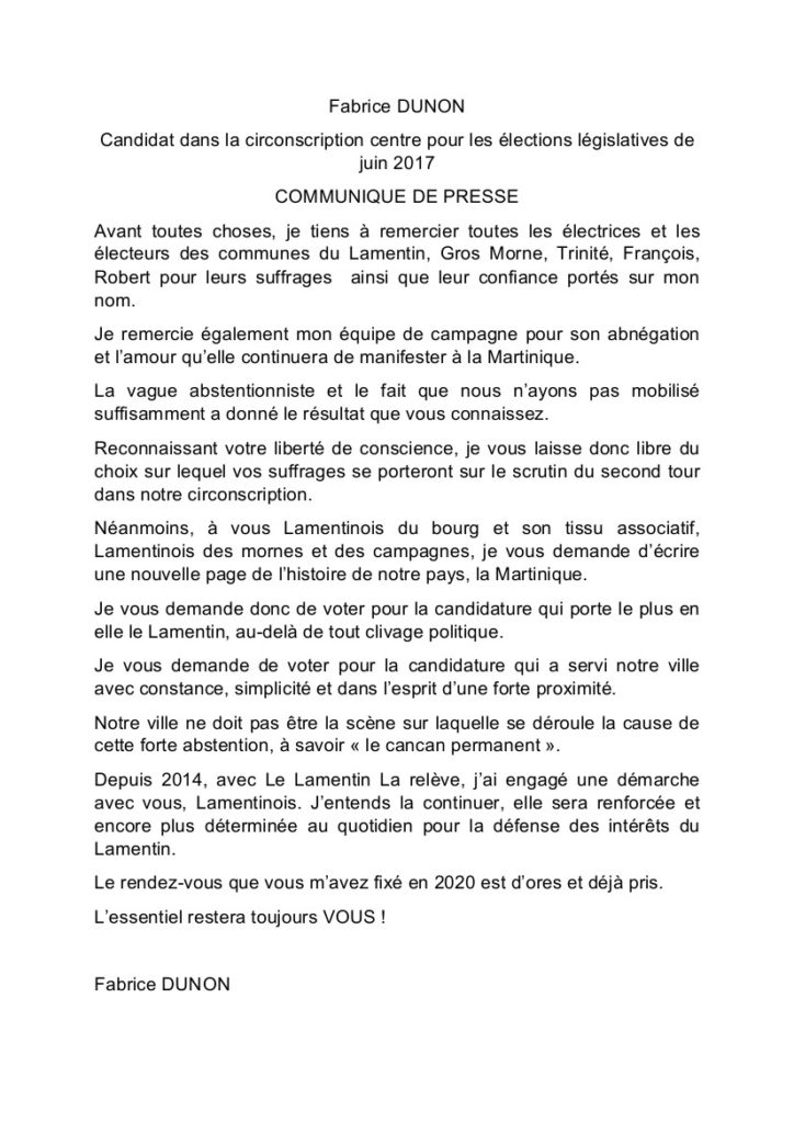 communique de presse de Fabrice Dunon