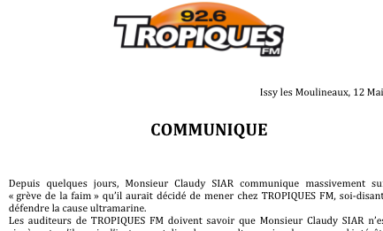 Communiqué de la radio Tropiques FM - 12 mai 2015