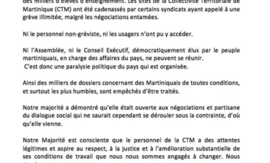 Grève à la CTM :  déclaration du  Président du Conseil Exécutif de la Collectivité Territoriale de Martinique