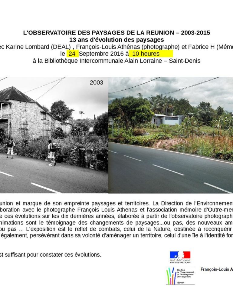 Bibliothèque intercommunale Alain Lorraine : L’observatoire des paysages de La Réunion – 2003-2015 – Journées Européennes du Patrimoine à la Réunion