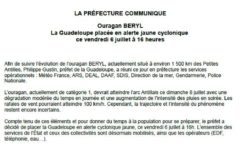 Béryl, la préfecture de la Guadeloupe communique